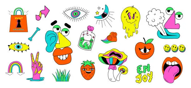 Vector illustration of Cartoon psychedelic hippy stickers vector set. Hallucination elements, mushrooms, eyes, face, heart, lips emoji, bones, smoking mouth and victory hand. Crazy psychedelic and hallucination elements.