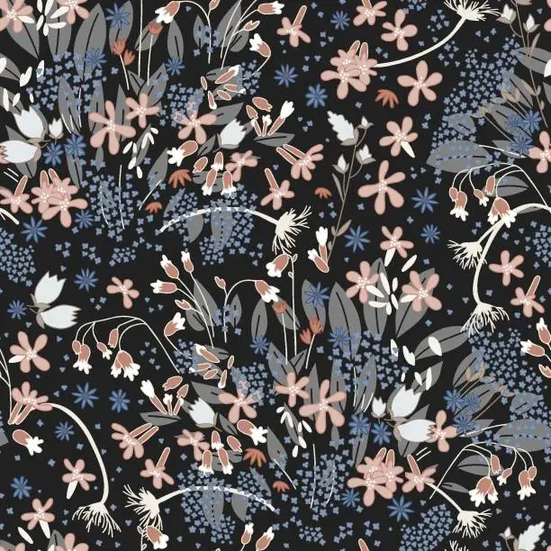 Vector illustration of Wildflowers on black background. Floral seamless pattern.