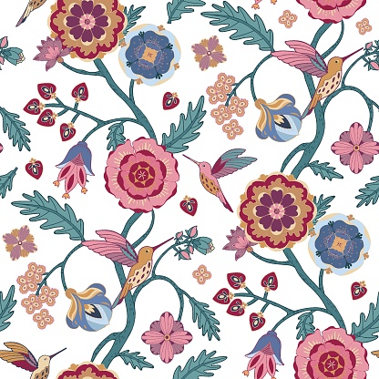 Stylised flowers and hummingbirds on white background. Indian floral style pattern. For textile, wallpaper, packaging, DIY projects.