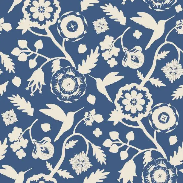 Vector illustration of Beige flowers and hummingbirds silhouettes seamless pattern on blue background. Indian floral style pattern