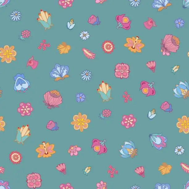 Vector illustration of Colourful stylised flower blossoms on green background. Seamless pattern.