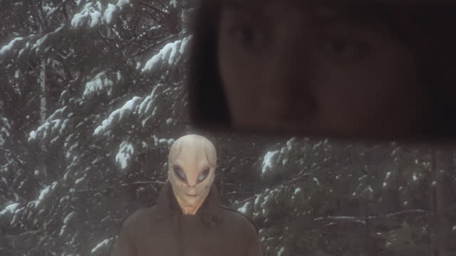Creepy Alien Standing on Snowy Road and Gazing at Woman in Car