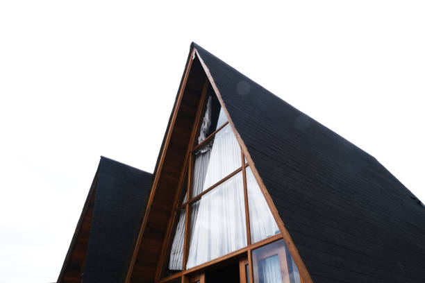 istock minimalist wooden loft with glasses window from outside with white background 1962149149