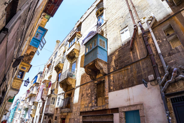 Street view in the capitol  of the island Malt the city of Valetta. Famous typical Malta Architecure with colorful balconys