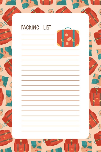 Packing List. Write things list so you don't forget anything. Template with suitcase on travel background. Preparing for vacation. Separate striped page for writing. Colored flat Vector illustration