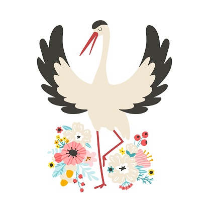 Wide-winged stork with spring flowers. Vector illustration of a bird in a simple cartoon hand drawn style. Isolate on a white background