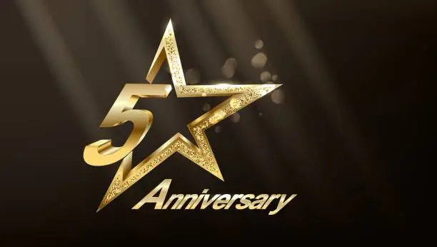 Vector illustration of 5th anniversary logo with gold numbers and glitter isolated on a gradient background