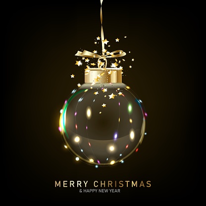 Christmas ornaments glass transparent balls. Christmas ball bright light garlands, hanging on gold ribbon. Festive decoration objects.