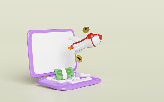 3d purple laptop computer monitor with rocket, coin dollar money, banknotes stack isolated. minimal concept, 3d render illustration