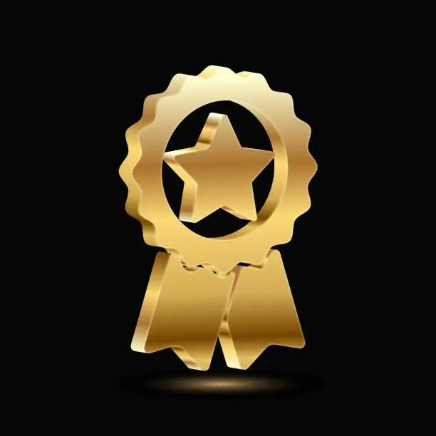 Vector illustration of 3D quality guarantees a medal with a star and ribbon. Realistic graphics Certificate Badge icon, award badge. 3D vector illustration.