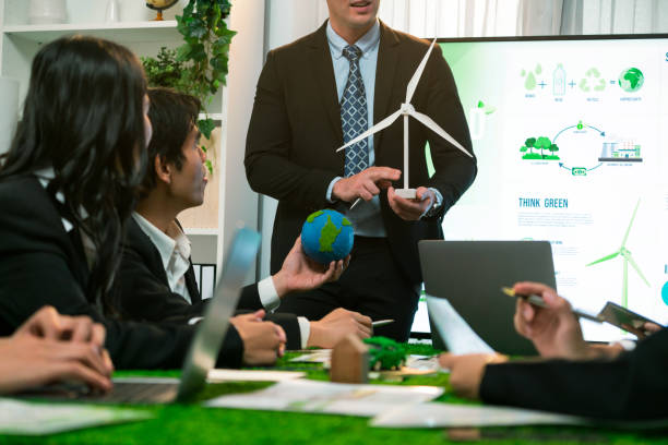 istock Businessman leader give presentation on eco-friendly implementation. Quaint 1962217820