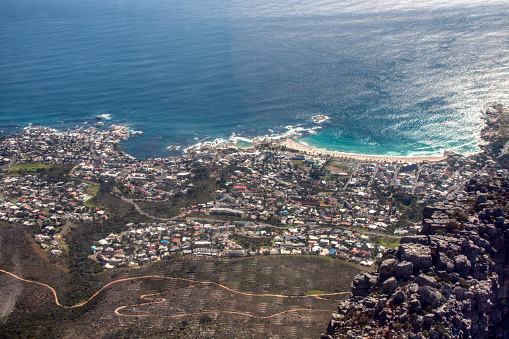 cape town, table mountain, aerial view of the city with the cape point in the foreground,