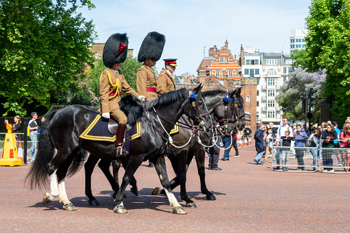 Royal horse guards during guards changing parade on the Mall in London UK, on May 18, 2022
