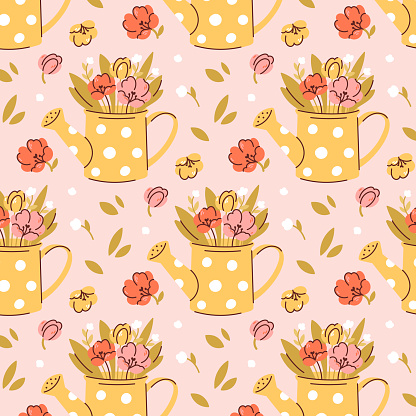 Spring Seamless pattern. Garden watering cans with delicate flowers. Colored doodles for Easter. Childish print for nursery. For posters, cards, clothes. Vector illustration in pastel colors