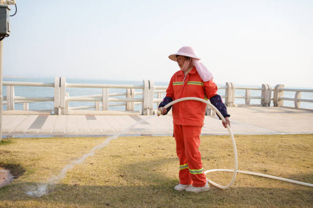 Gardener watering the grass