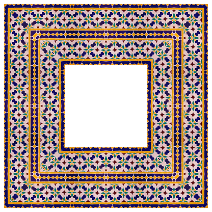 Frame composition of typical maroccan wall decorations with colored ceramic tiles called azulejos with a geometric design - concept image with copy space.
