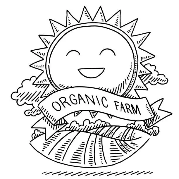 Vector illustration of Smiling Sun Organic Farm Label Drawing