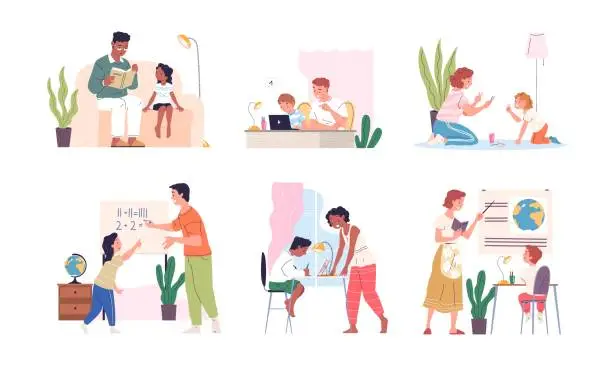 Vector illustration of Parents homework. Father and mother teaching kids, parent acting mentor or tutor, family helping support home study education, dad control child learning classy vector illustration