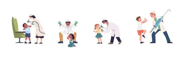 Vector illustration of Children afraid doctor. Scared kids scape vaccine injection and dentist syringe needle, child patients stress childhood hospital fear