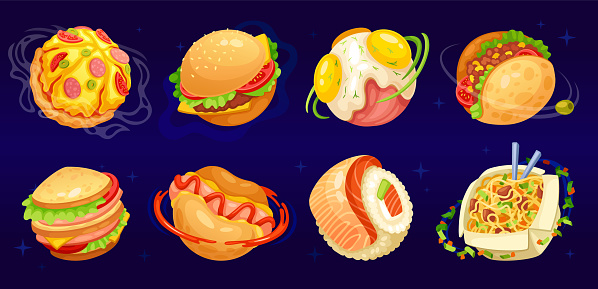 Cartoon food planets. Foods world concept, burger sushi fish pizza planet funny amuse ufo in delicious fantasy universe dream space tasty galaxy, game vector illustration of cartoon food planet design
