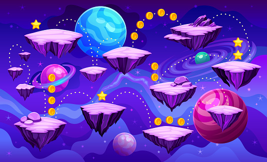 Space level map. 2D arcade game flying platform cartoon galaxy background future astronomy video games levels alien planet asteroid, computer videogame vector illustration of space ui fantasy level