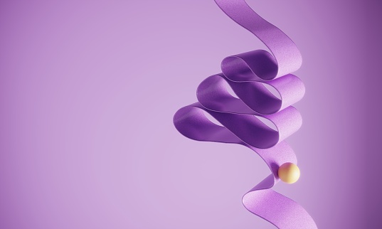 Orange colored ball standing on the twisted wavy purple colored ribbon. (3d render)