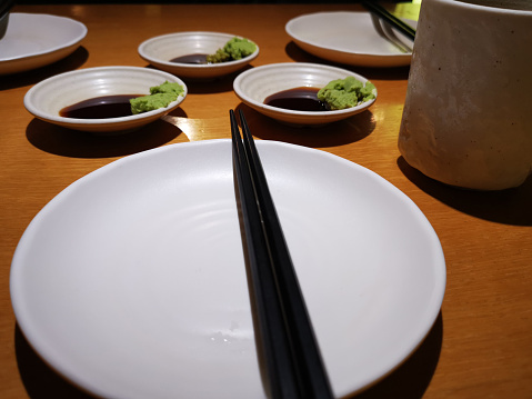 Focus scene on Japanese food in restaurant