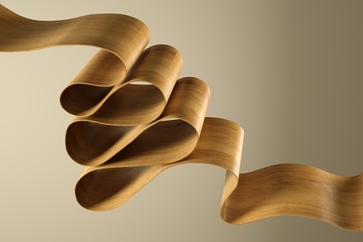 Wood textured twisted wavy ribbon. (3d render)