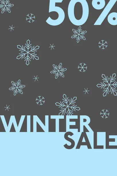 Vector illustration of Winter Sale 50%. Sales poster with snow crystals.
