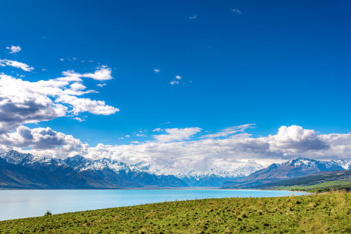 The view Lake Pukaki and Southern Alps, Mount Cook Road, Ben Ohau, New Zealand State Highway 80