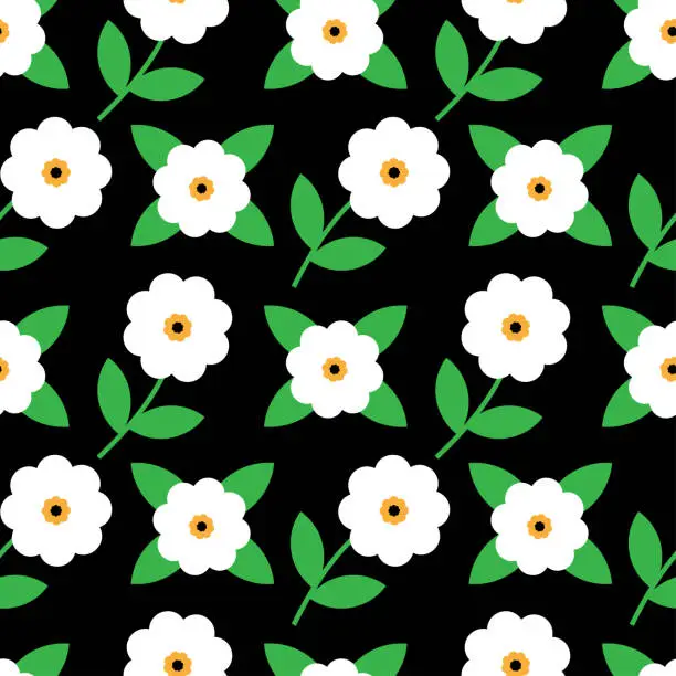 Vector illustration of White flowers on black background seamless pattern