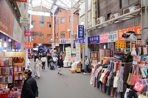 People visit textile section of Gwangjang Market in Jongno district of Seoul, South Korea.