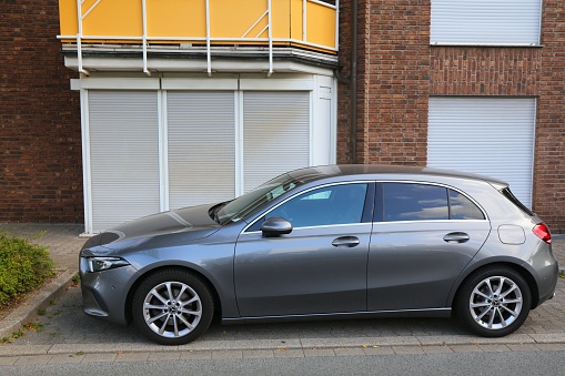 Mercedes-Benz A-Class subcompact hatchback car parked in Germany. There were 45.8 million cars registered in Germany (as of 2017).