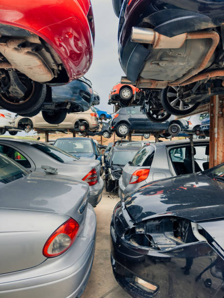 istock ar scrapping center. Stacked cars 1962369804
