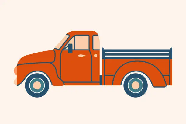 Vector illustration of Red american pickup truck. Vector minimalist illustration in flat style. Cute clip art with car, vehicle, transport.