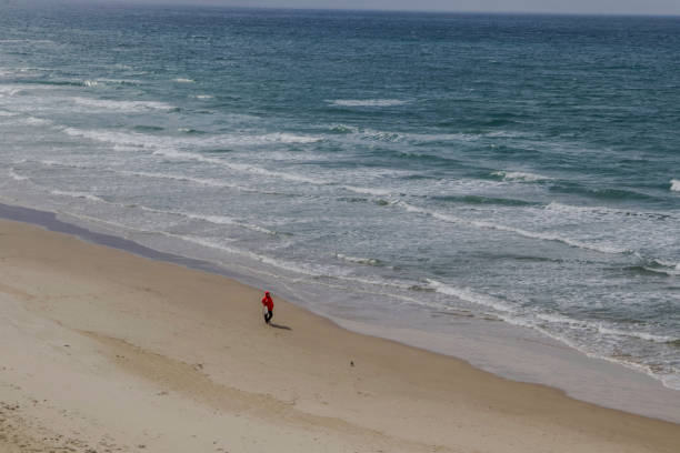 Man Walking on Seashore Beach next to a winter sea waves