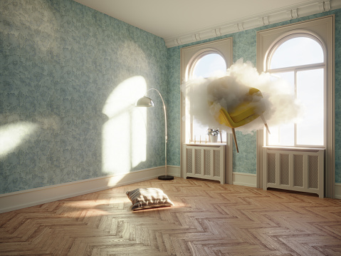 An armchair floating in a cloud in living room. (3d render)