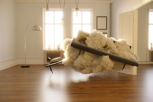 A sofa floating in a cloud in living room. (3d render)