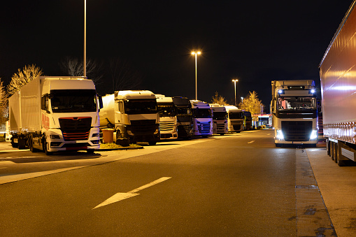 Trucks, rest area at night