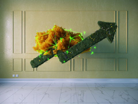 Grassy growing graph arrow flying in a cloud in the room. (3d render)