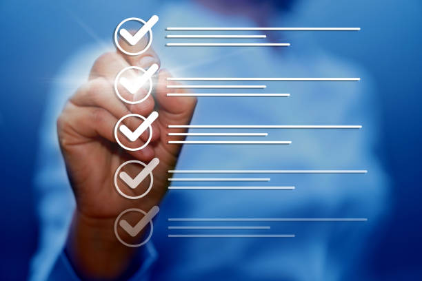 Survey form, check marks on checklist, document control, filling online form and answering questions, business project concept.