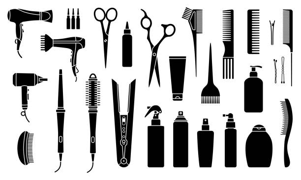 ilustrações, clipart, desenhos animados e ícones de coleção de cosméticos, ferramentas e equipamentos profissionais de cabeleireiro - computer icon symbol hair gel hair salon