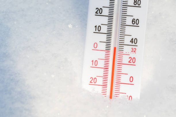 Close-up shot of outdoor thermometer with Celsius and Fahrenheit scale placed in a snow displays warm winter temperature
