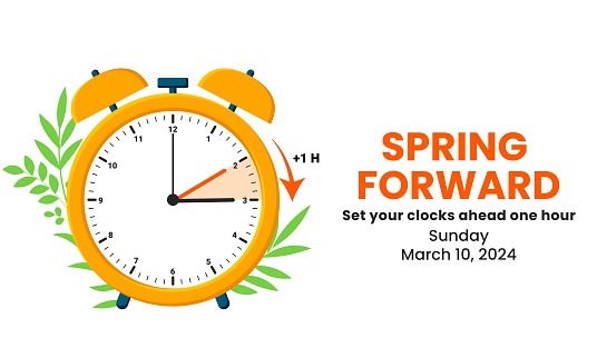 The concept of daylight saving time. Clocks are set one hour ahead. Spring forward, summer time web banner. Vector illustration