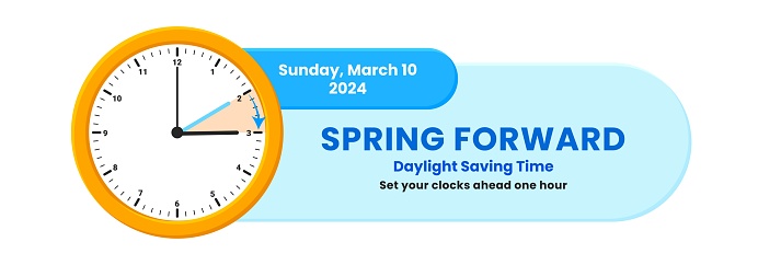 The concept of daylight saving time. Clocks are set one hour ahead. Spring forward, summer time web banner. Vector illustration