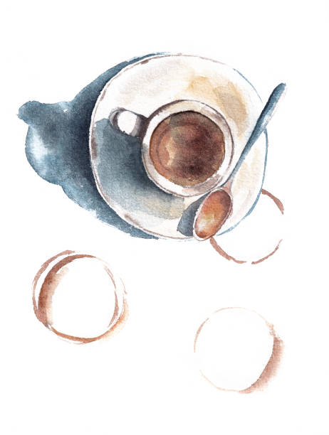 Hand watercolor Painted Cup of Coffee top view with color stains Hand watercolor Painted Cup of cappuccino Coffee with abstract stains isolated on white background food sample cups stock illustrations