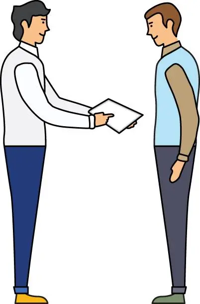 Vector illustration of people shaking hands over contract reaching agreement, holding signed papers set. Successful partners standing & closing deal. Partnership & handshake.