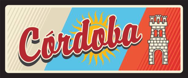 Cordoba Argentine province vintage travel plate Cordoba Argentine province vintage travel plate. Vector flag of Argentina region, coat of arms heraldic fortress tower old sign, sun and retro flag. Cordoba travel destination billboard cordoba argentina stock illustrations