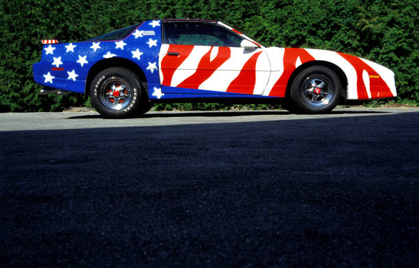US american muscle car painted with the US national flag