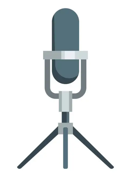 Vector illustration of Sound recording equipment, microphone. Recording podcast in radio studio. Mass media broadcasting. Sound recording equipment, microphone